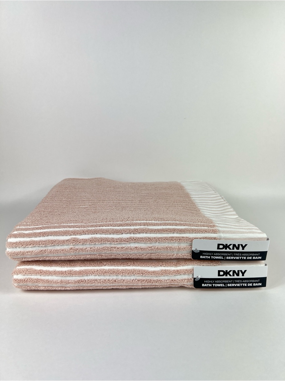 DKNY Bath Towels Pink White Striped Absorbent Textured Soft Cotton 2 Pc NEW